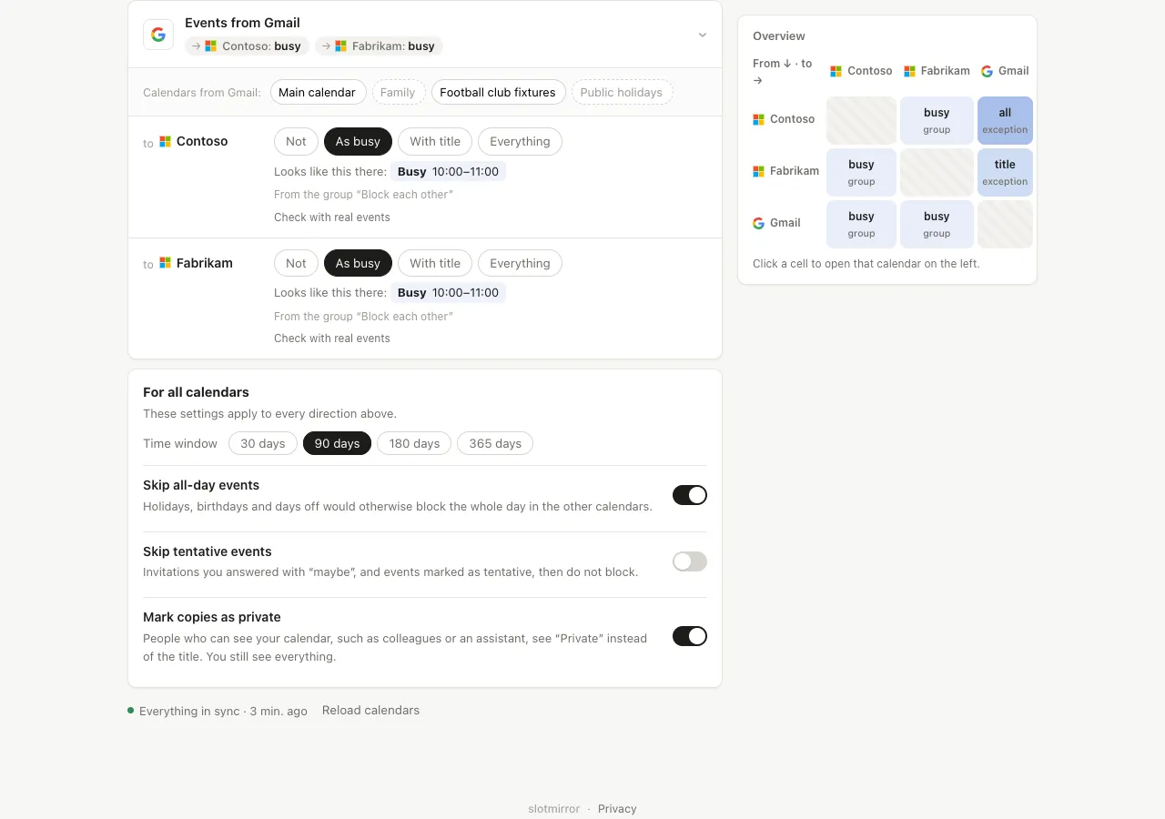 A source card with several calendars of one account